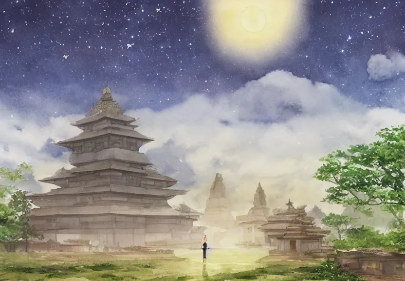 Image similar to a hyperrealist watercolor concept art from a studio ghibli film showing one giant grey monk. a temple is under construction in the background in india on a misty and starry night. by studio ghibli. very dull muted colors