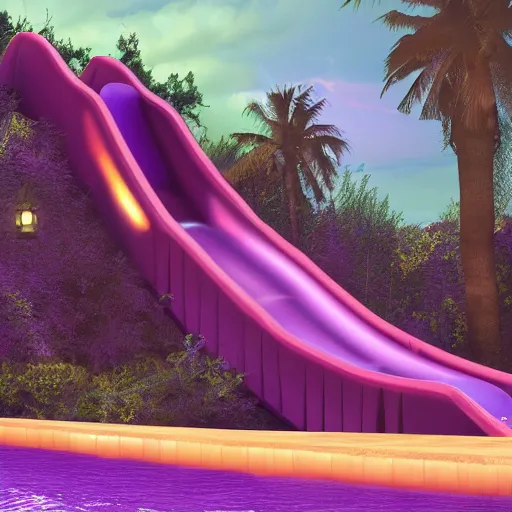 Image similar to a bloody water slide in the nigth, purple, moody, dark, artistic, digital art, blue and purple, epic, highly detailed, unreal engine