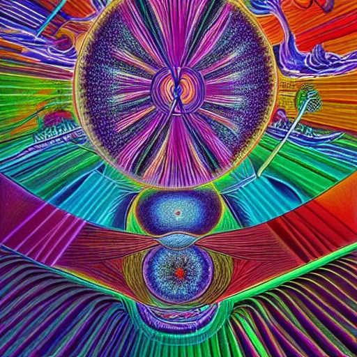 Image similar to a DMT trip about discovering the Theory of Everything, drawn by Alex Grey, highly detailed and colored, trending on artstation