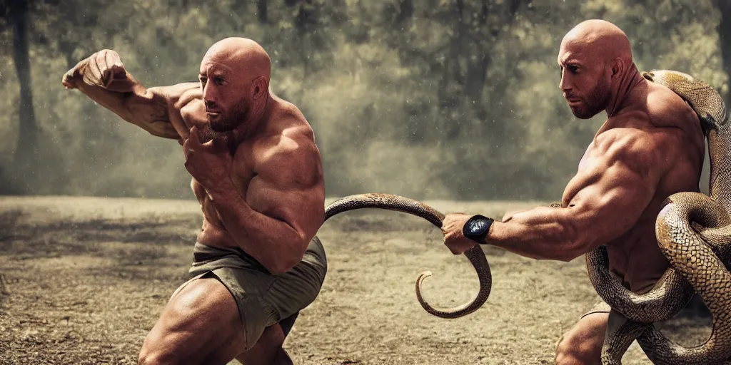 Image similar to Ryback fighting a snake outdoors, photorealistic, ultra hd, cinematic lighting, award-winning, 4k, leica sl2 30mm, beautiful color, high quality, high textured, lens flare