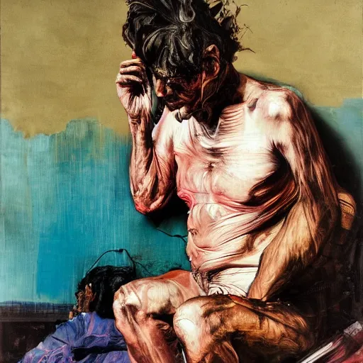 Prompt: high quality high detail painting of two men in agony in the city streets of london by lucian freud and jenny saville and francis bacon and norman rockwell and malcom liepke and nicola samori, hd, turquoise and purple and orange and pink, dark atmosphere