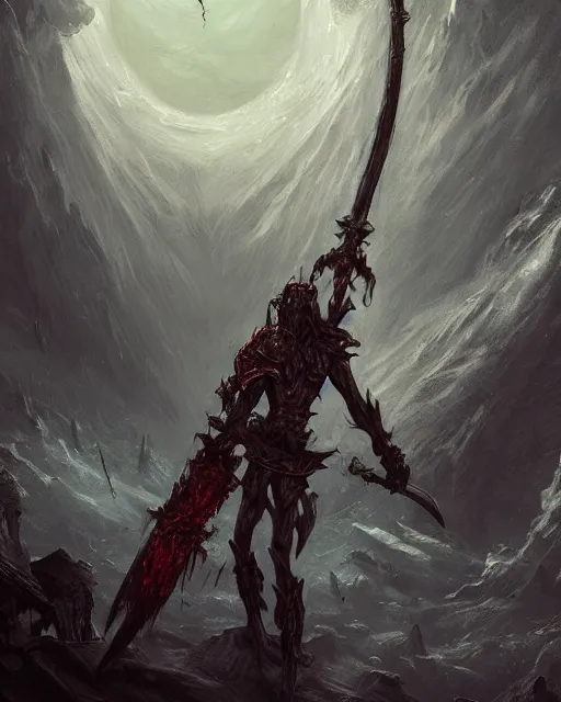 Image similar to A decrepit undead being carrying a greatsword by andres rios artstation, stunning fantasy horror, smooth, intricate, ornate, galactic energy, blood aura, sacrificial altar, digital painting, artstation, concept art, morbid fantasy, sharp focus, illustration, trending on artstation