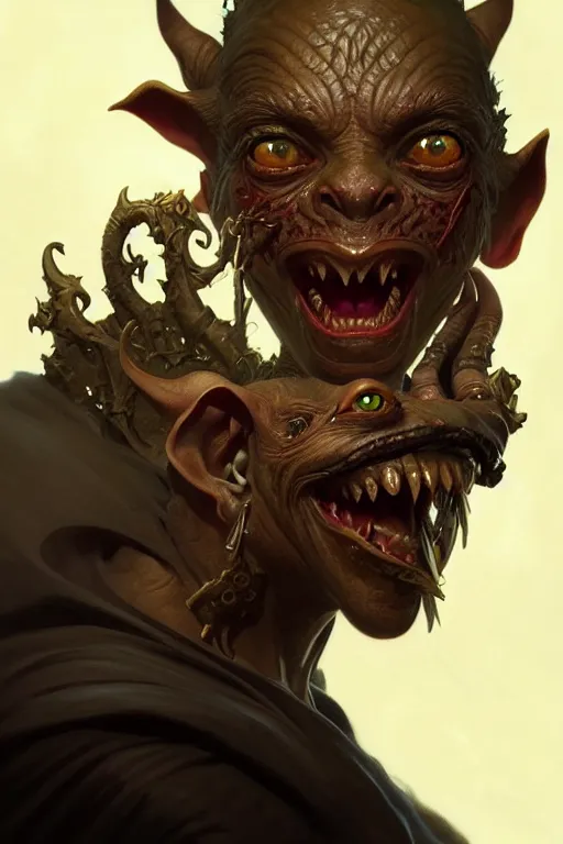 Prompt: Portrait of astonishingly evil goblin, black eyes, face, fantasy, intricate, elegant, highly detailed, digital painting, artstation, concept art, smooth, sharp focus, illustration, art by artgerm and greg rutkowski and alphonse mucha