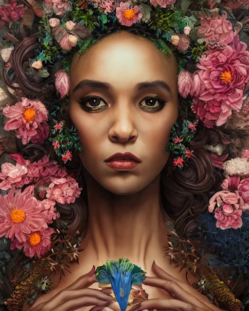 Image similar to portrait of the africo - american queen of the underworld, surrounded by flowers by karol bak, james jean, tom bagshaw, rococo, sharp focus, trending on artstation, cinematic lighting, hyper realism, octane render, 8 k, hyper detailed.