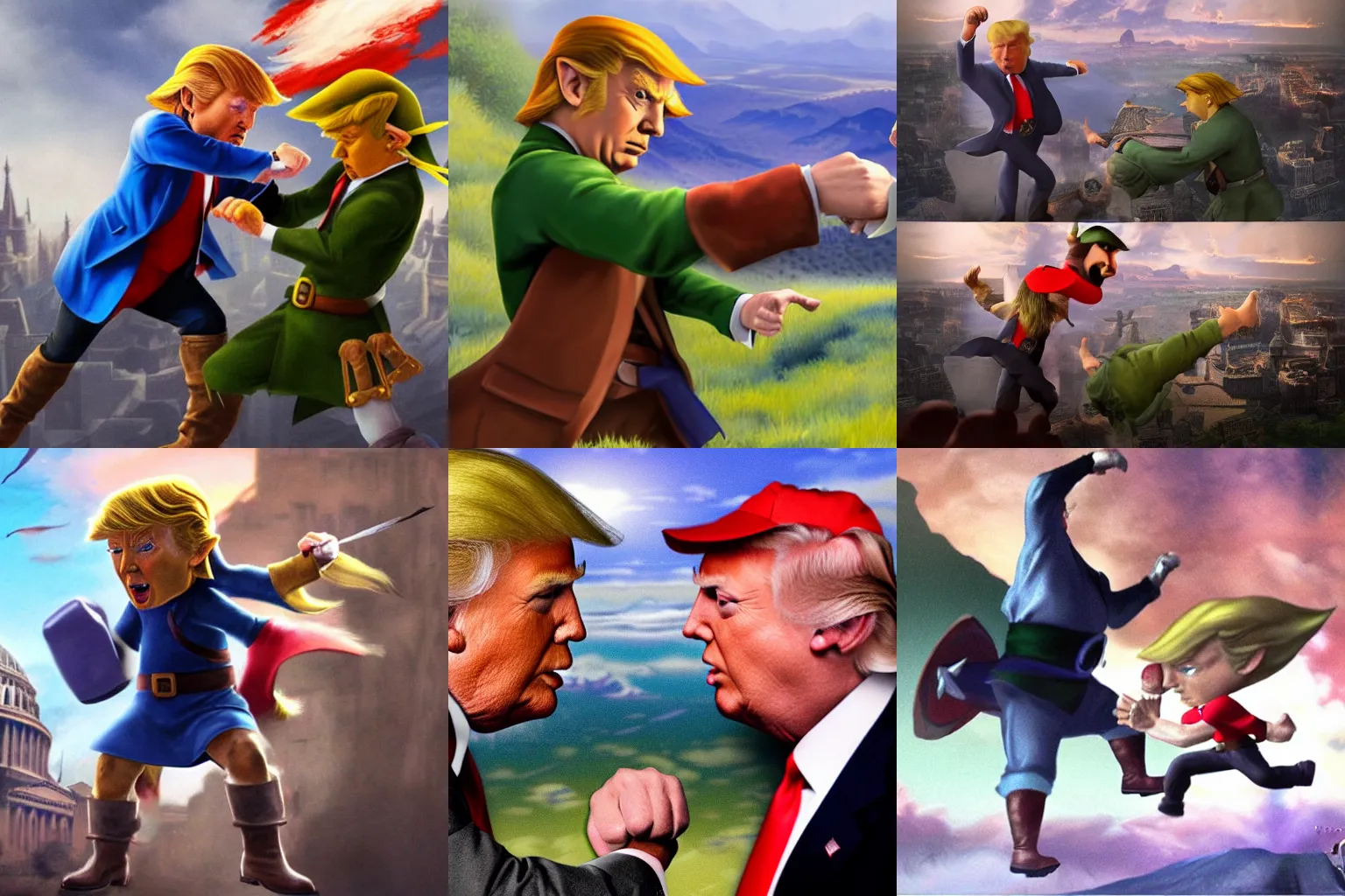 Prompt: a beautiful matte painting of Mason from Zelda punching Donald trump, realistic,