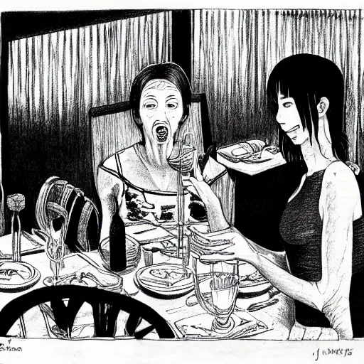 Prompt: A woman at dinner eating raw meat, Highly detailed ,horrible,pencil drawing, by Junji Ito