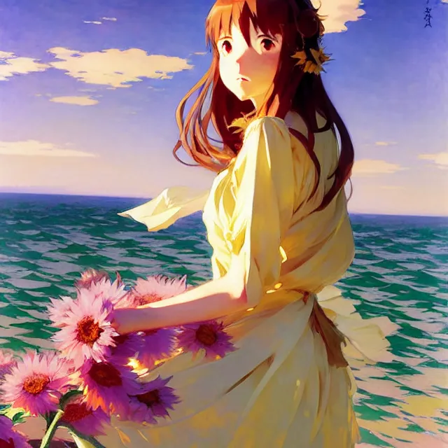 Prompt: beautiful sunflower anime girl, beside sea, krenz cushart, mucha, ghibli, by joaquin sorolla rhads leyendecker, by ohara koson