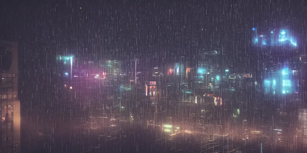 Image similar to a beautiful photo of a scifi scity at night seen behind a large windowpane with rain drops on it, cinematic, high definition, 8k, octane render, trending on artstation