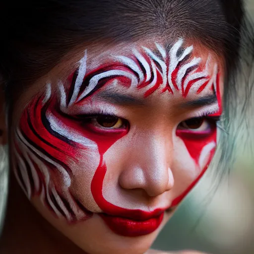 Image similar to portrait of a stunningly beautiful asian tribal female, red facepaint over the eyes in a wide stripe, depth of field, zeiss lens, detailed, symmetrical, centered, fashion photoshoot, by Annie Leibovitz and Steve McCurry, David Lazar, Jimmy Nelsson, Breathtaking, 8k resolution, extremely detailed, beautiful, establishing shot, artistic, hyperrealistic, beautiful face, octane render