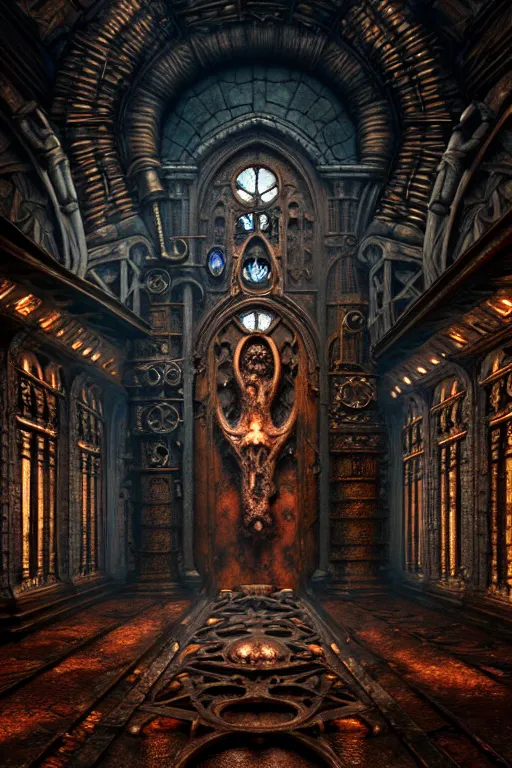 Image similar to steam necropolis, memento mori, gothic, neo - gothic, art nouveau, hyperdetailed copper patina medieval icon, stefan morrell, philippe druillet, ralph mcquarrie, concept art, steampunk, unreal engine, detailed intricate environment, octane render, moody atmospherics, volumetric lighting, ultrasharp, ominous, otherworldly