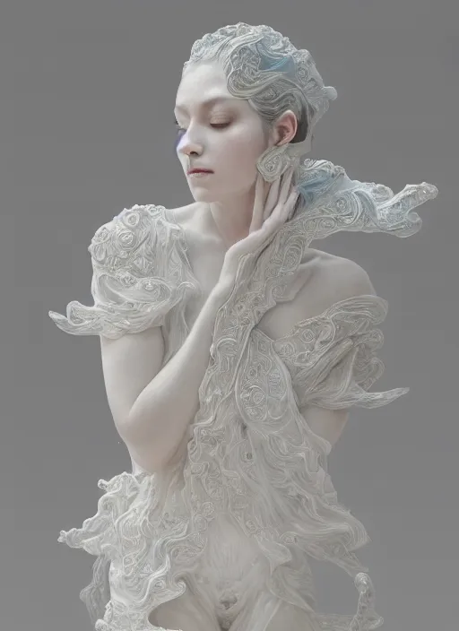 Image similar to opalescent marble sculpture of beautiful woman dissolving into shimmering dust, diaphanous, ivory carving, pearlescent, caustics, fractal paisley inlay, lace, intricate, elegant, highly detailed, smooth, sharp focus, mucha, digital photography, by ruan jia and greg rutkowski