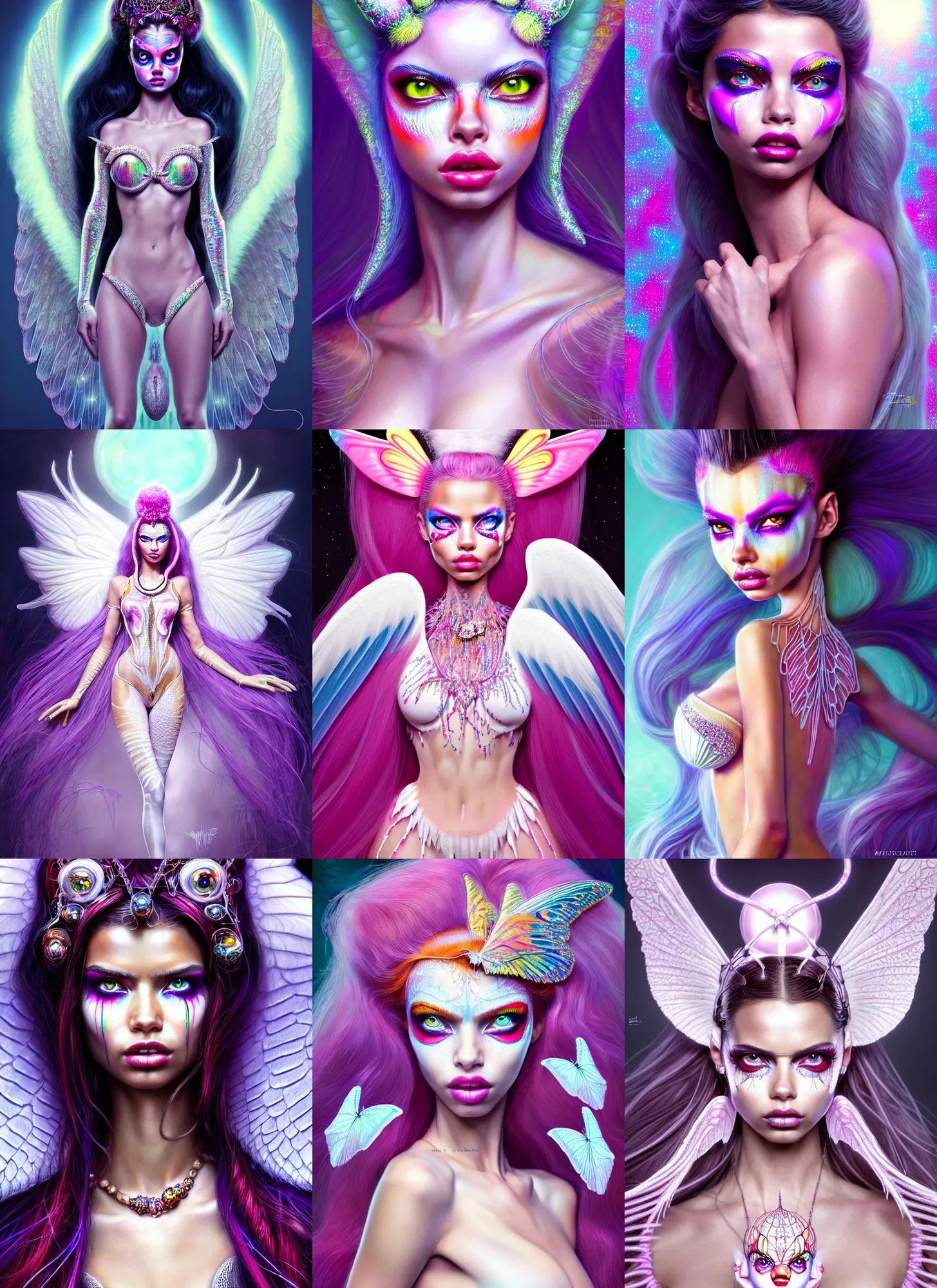 Prompt: bright white clowncore : : disney weta portrait, soft lustrous angel raver adriana lima insectoid, bling, hi - fructose, sci - fi fantasy intricate decadent highly - detailed digital painting, ever after high, octane render, artstation, concept art, smooth, sharp focus, illustration, artgerm, mucha, loish, wlop