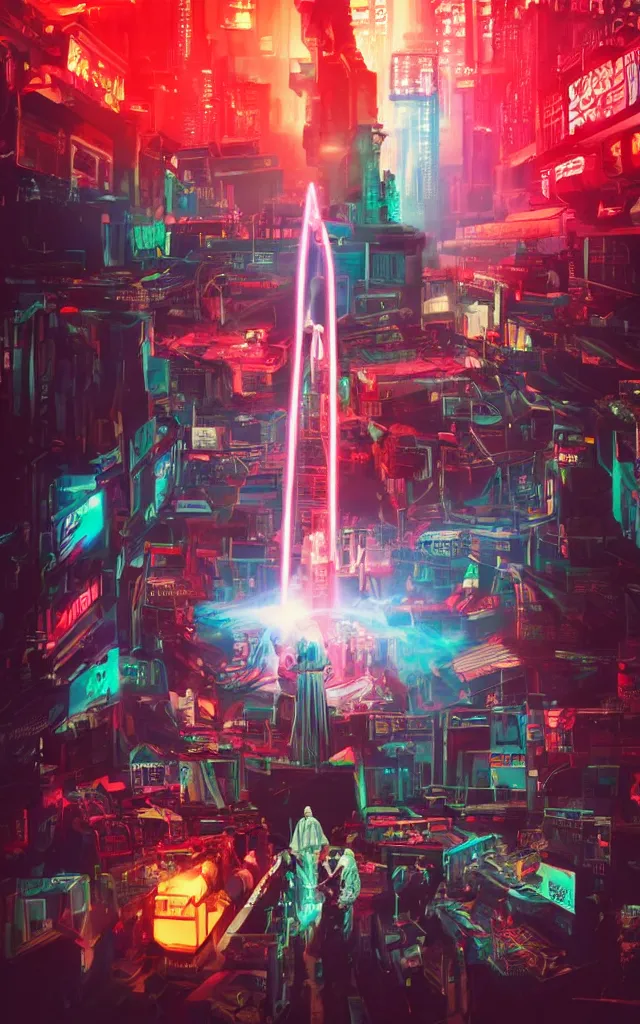 Image similar to Pope shooting bright lasers in front of nuns, 80s, science fiction, cyberpunk, neon, low angle shot, cross, pope, movie poster, futuristic