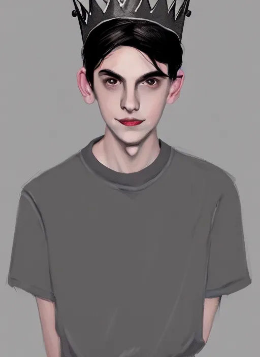 Image similar to portrait of teenage jughead jones wearing a light grey crown, crown, hamburger background, eyes closed, crown, black hair, intricate, elegant, glowing lights, warm lighting, highly detailed, digital painting, artstation, concept art, smooth, sharp focus, illustration, art by wlop, mars ravelo and greg rutkowski