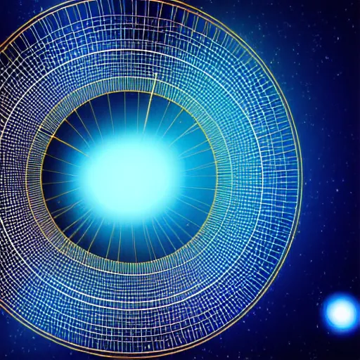 Prompt: a black hole at the center of a golden wireframe geometric structure, deep blue and dark cyan nebula background, highly detailed artwork