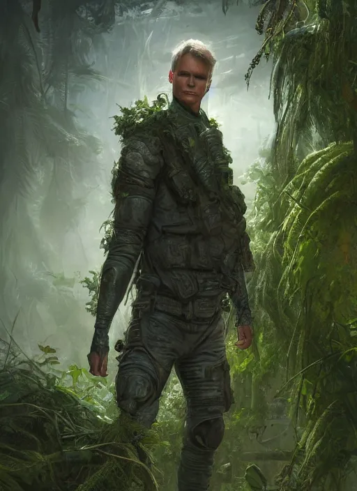 Image similar to portrait of a young richard dean anderson wearing a green combat uniform, in a post apocalyptic rio de janeiro overgrown with plants, by wlop, luis royo and greg rutkowski, cover illustration, concept art, volumetric lighting, volumetric atmosphere, sharp focus, octane render, trending on artstation, 8 k