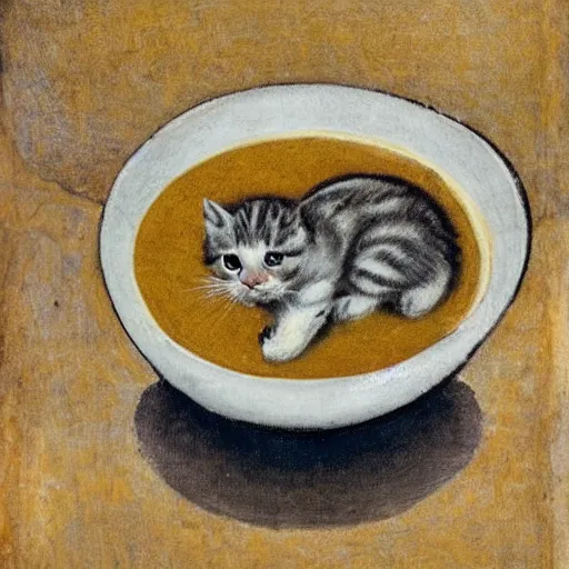 Prompt: baby kitten on a bowl of soup, medieval art