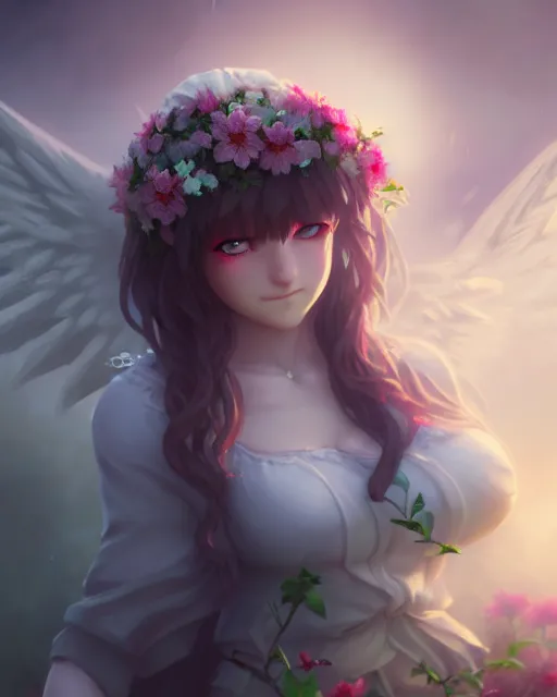 Image similar to dark angel surrounded by mist and pretty flowers, very detailed, realistic face, detailed face, matte, tonemapping, bbwchan, perfection, 4 k, cushart krenz, cinematic, atmospheric