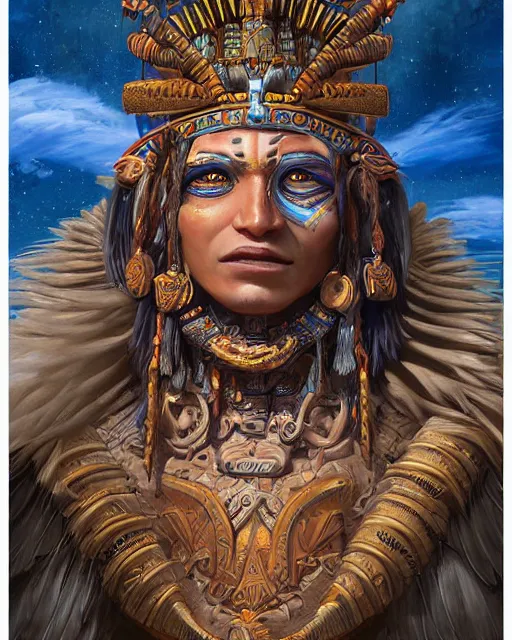 Prompt: digital painting of itzamna, mayan chief god, ruler of heaven of night and day, by filipe pagliuso and justin gerard, symmetric, fantasy, highly detailed, realistic, intricate, portrait, sharp focus, tarot card
