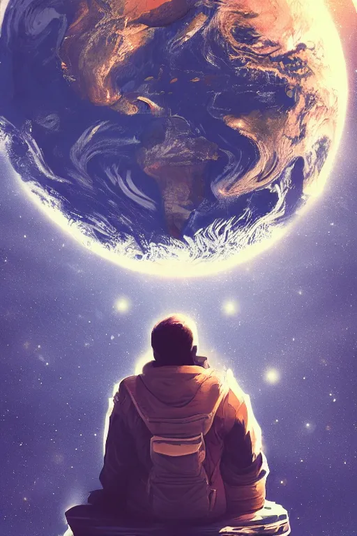 Prompt: Man sitting on the moon with a view of the earth in the background, digital painting, highly detailed, artstation, concept art, smooth, sharp focus, illustration.