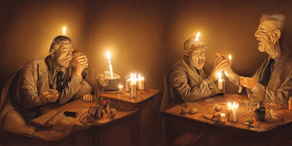 Prompt: two men arguing about neural networks in small room lighted by candles. highly detailed art by trevor brown