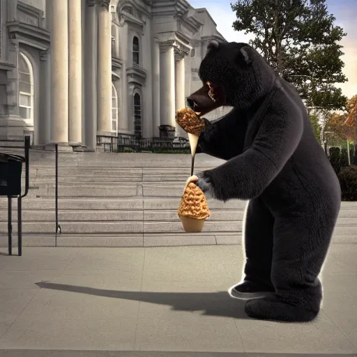 Prompt: a creepy man in a furry bear suit spying on Barack Obama eating a ice cream cone made of cheese, 35mm stock, highly detailed, HDR, ray tracing