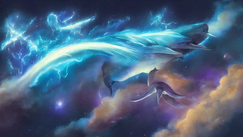 Image similar to Ethereal blue fire whale and dolphins flying through a nebula, star dust, cosmic, magical, shiny, glow,cosmos, galaxies, stars, outer space, stunning, by andreas rocha and john howe, and Martin Johnson Heade, featured on artstation, featured on behance, golden ratio, ultrawide angle, hyper detailed, photorealistic, epic composition, wide angle, f32, well composed, UE5, 8k