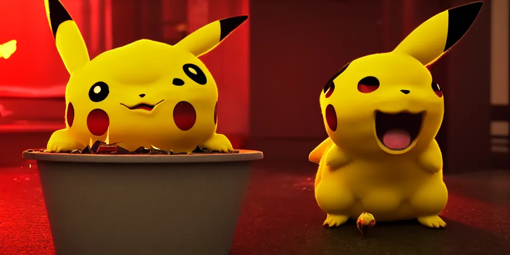 Image similar to pikachu devouring a dog sharp teeth burtal eyes scary mouth dark room red candles trash bin octane unreal engine render 8k photorealistic extreme detail textured