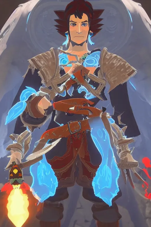 Image similar to an in game portrait of zagreus from hades in the legend of zelda breath of the wild, breath of the wild art style.