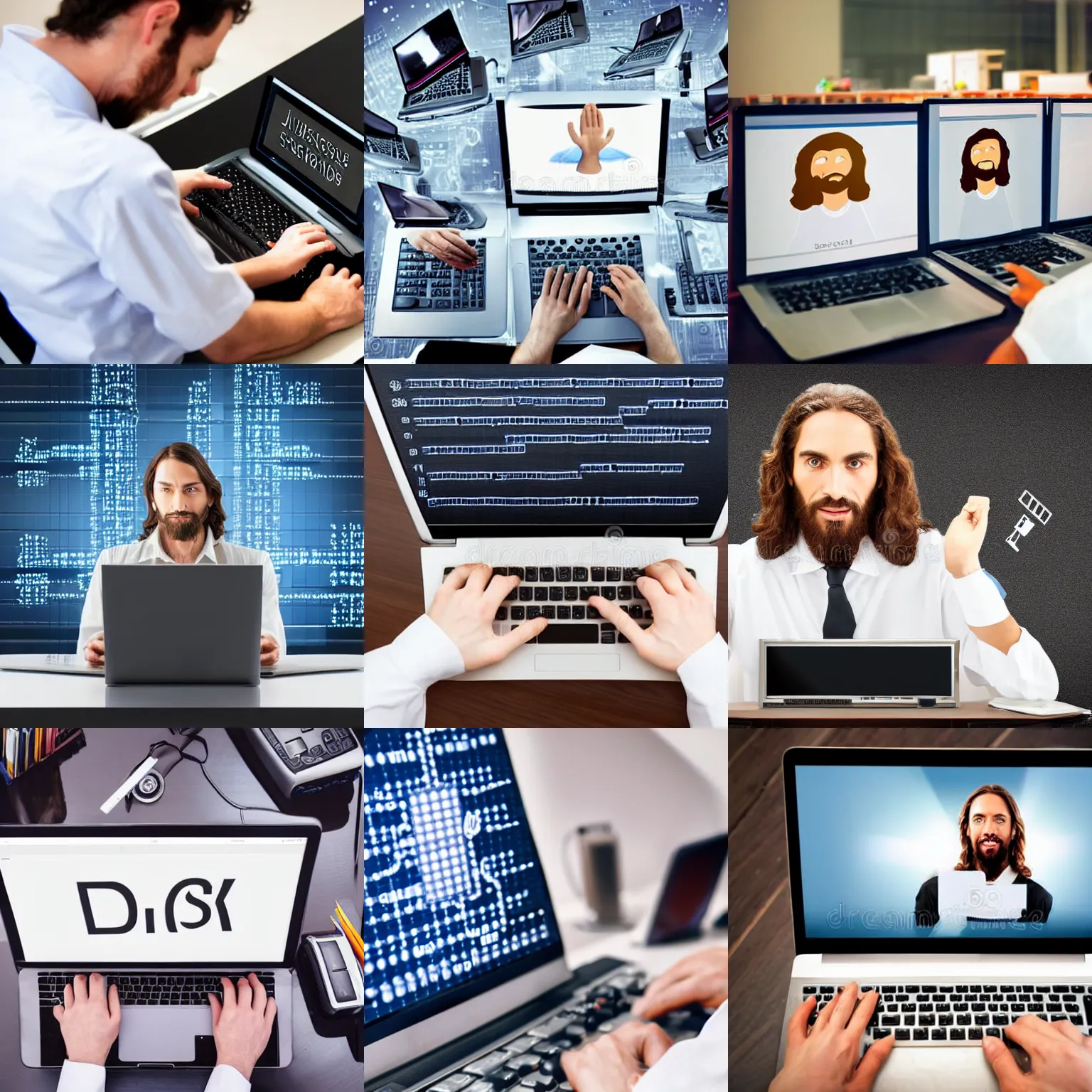 Prompt: detailed, professional stock photography of jesus christ typing on a computer with servers behind him