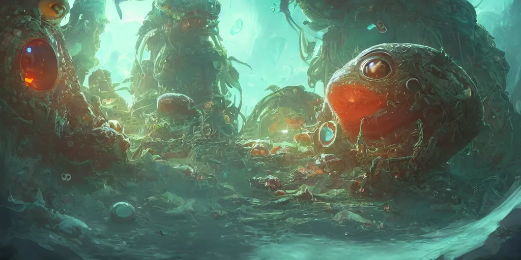 Prompt: 3 6 0 degree fisheye lens shot of cute little slime monsters peter morbacher, ross tran, greg rutkowski, intricate details, trending on artstation, cinematic lighting, digital painting, sharp focus, no blur, octane render, artgerm