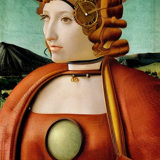 Prompt: portrait of steampunk female android, by fra angelico and sandro botticelli