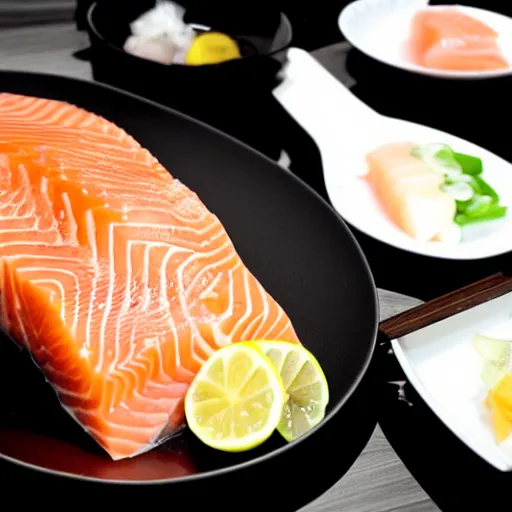 Image similar to gigantic gourmet salmon sashimi food photography black and white