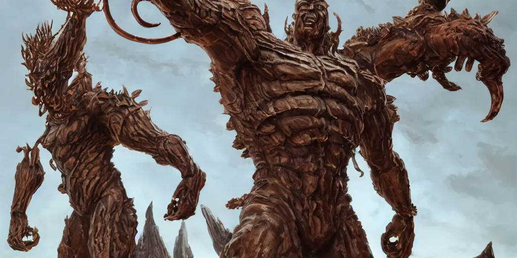 Image similar to Rusty Bronze four armed statue like colossus, character design sheet, Monster Hunter Illustrations art book, giant, trees growing on its body, enormous hands, long limbs, horns on its head, bright pale blue eyes, Moebius, Greg Rutkowski, Zabrocki, Karlkka, Jayison Devadas, Phuoc Quan, trending on Artstation, 8K, ultra wide angle, zenith view, pincushion lens effect.