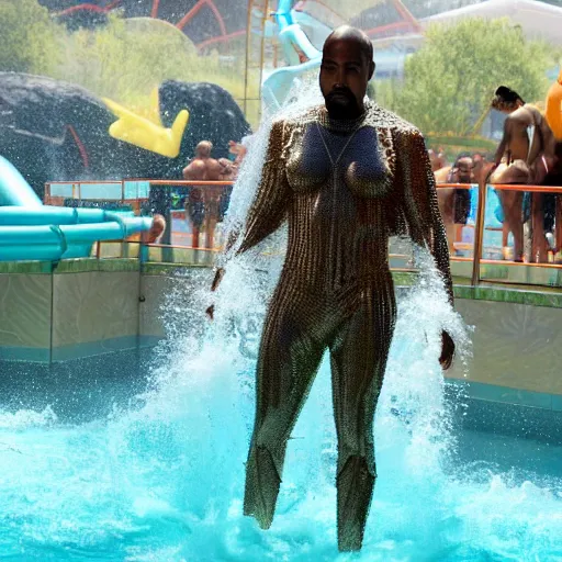 Prompt: photograph of kanye west in an aquaman costume at a waterpark.