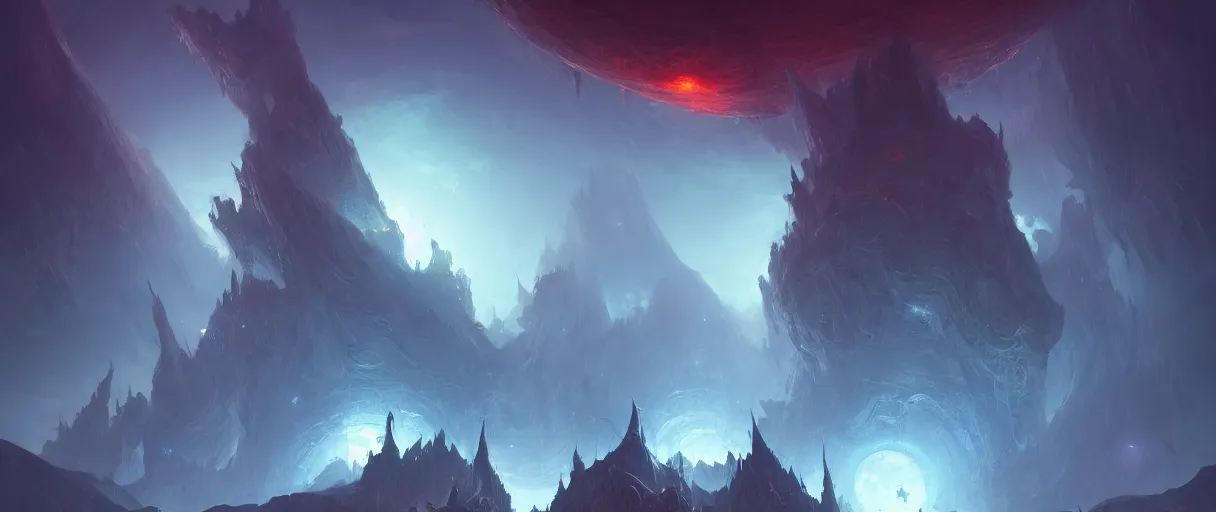 Image similar to digital painting of a floating islands in space, style of demons souls, concept art, high angle, high detail, warm lighting, dark, vivid, beautiful, trending on artstation, by Jordan grimmer, no focus, huge scene, terrain visible