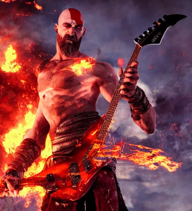 Image similar to kratos shredding on a flaming stratocaster guitar, cinematic render, god of war 2 0 1 8, santa monica studio official media, lightning, stripe over eye