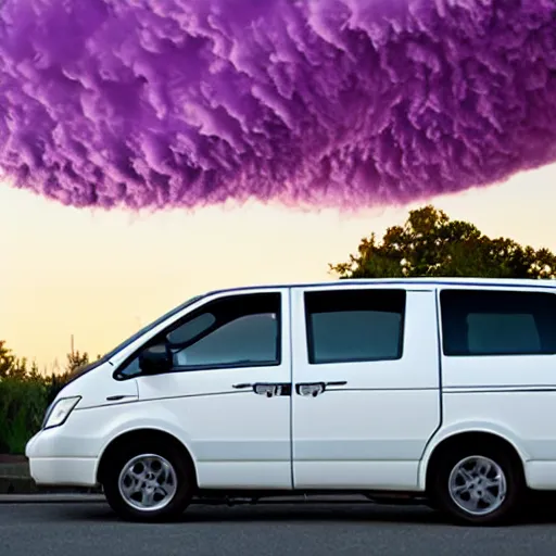 Image similar to giant purple explosion blowing white minivan into the distance