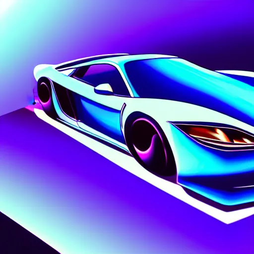 Prompt: a supercar in a dark studio room, vaporwave theme. Microscopic view. Tanzanite, Opal, Kunzite paintjob. in the style of artgerm.