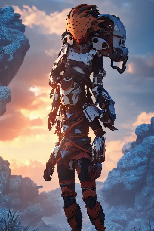 Image similar to combination suit armor aloy horizon forbidden west horizon zero dawn robot ninja mask helmet backpack tribal, aesthetic octane render, 8 k hd resolution, by ilya kuvshinov and cushart krentz and gilleard james radiating a glowing aura cgi rtx 2 0 2 2