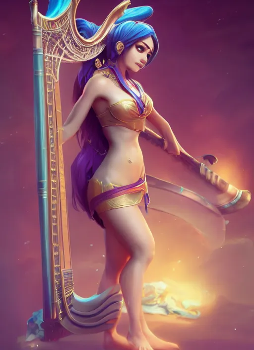 Prompt: sona, from league of legends, with an harp, au naturel, with abs, hyper detailed, digital art, trending in artstation, cinematic lighting, studio quality, smooth render, unreal engine 5 rendered, octane rendered, art style by klimt and nixeu and ian sprigger and wlop and krenz cushart