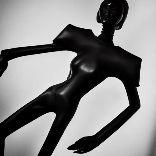 Prompt: fashion photography of a genderless deformed alien model, wearing a black catsuit, full body, photo 3 5 mm leica, hyperdetail, berghain, 8 k, very detailed, black and white