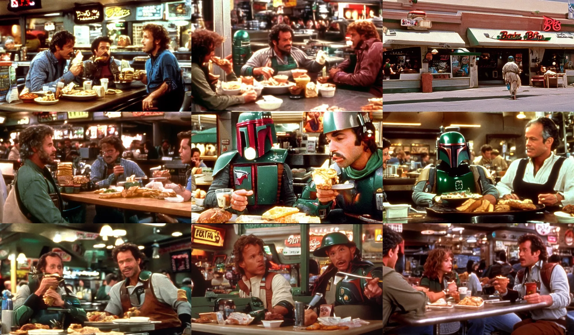 Prompt: film still of Boba Fett eating at Katz's deli in When Harry Met Sally movie, 4k