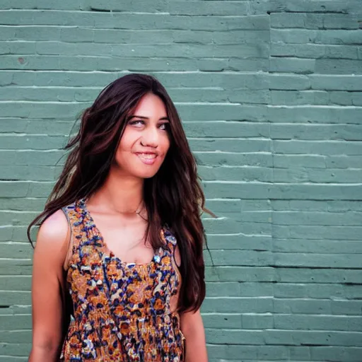 Prompt: photo of a beautiful, attractive brown hair woman, wearing a sundress, in downtown Los Angeles