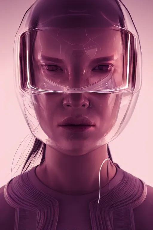 Prompt: woman close up face portrait, wearing transparent glass mask, cyberpunk techwear streetwear clothes, chrometype aesthetics, highly detailed, by andrew chiampo, beeple, artstation, and frederik heyman, extremely detailed woman, stunning volumetric lighting, hyper realism, fantasy, intricate