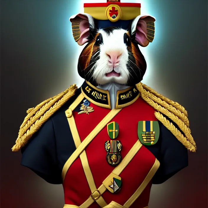 Image similar to guinea pig general wearing his uniform, looking proud as if he had won the battle. award winning, portrait bust, symmetry, faded colors, by larry elmore, masterpiece, trending on artstation, cinematic composition, beautiful lighting, hyper detailed!!!, 8 k, oil on canvas