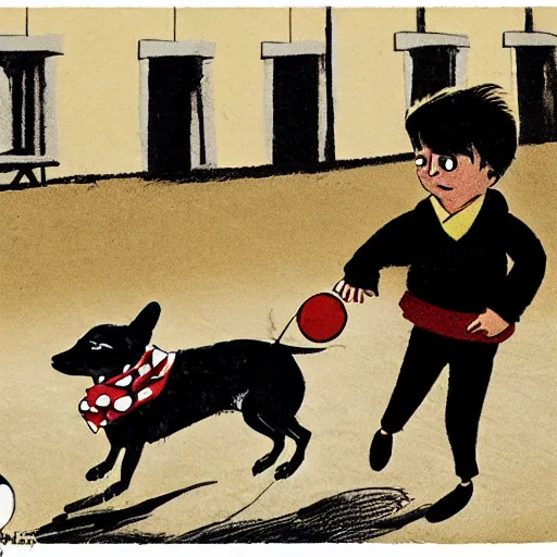 Image similar to book illustration of a french boy on the streets of paris playing football against a corgi, the dog is wearing a polka dot scarf, 1 9 6 6