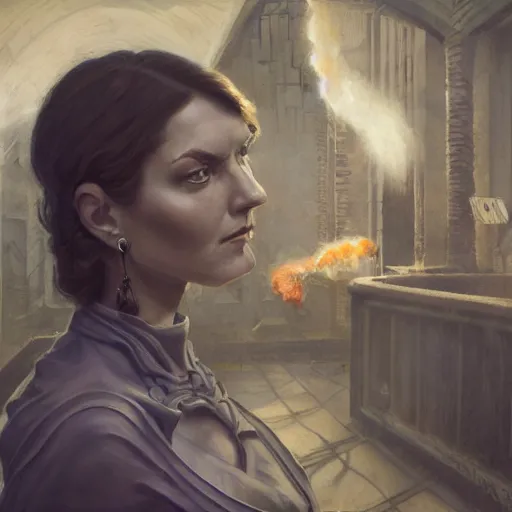 Image similar to detailed face of a clothed woman with obsidian eyes in a architectonic courtyard with whisps of smoke at a science expo, atmospheric, ambient, pj crook, syd mead, livia prima, artgerm, greg rutkowski, nick alm, casey baugh