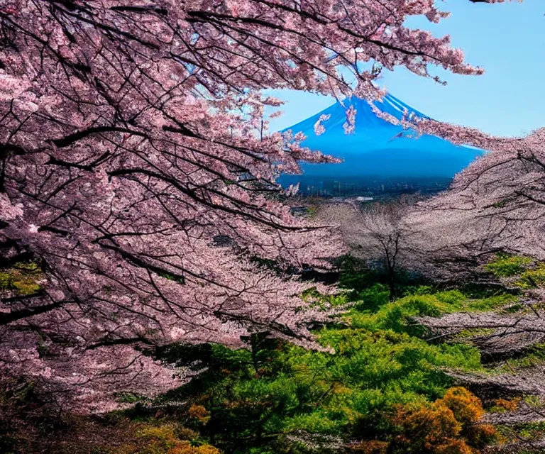 Image similar to a photo of mount fuji, over a sakura forest, seen from a window of a train. beautiful!