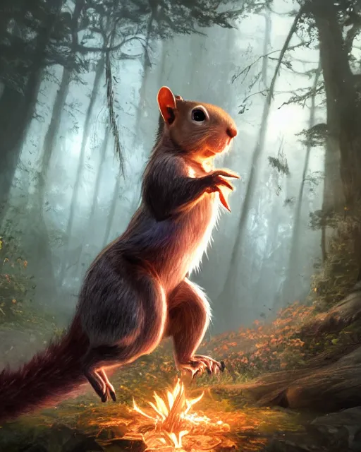 Image similar to Squirrel Shapeshifter Druid Mage, D&D, artstation, fantasy, magic the gathering artwork, cinematic lighting, centered, symmetrical, highly detailed, digital painting, , concept art, smooth, sharp focus, illustration, volumetric lighting, epic Composition, 8k, art by Akihiko Yoshida and Greg Rutkowski and Craig Mullins, oil painting, cgsociety